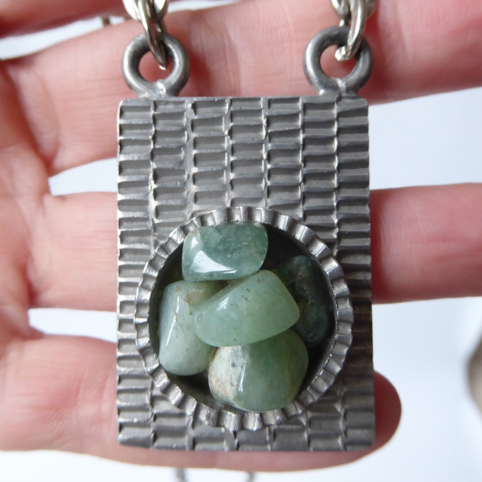 Jorgen Jensen vintage pewter pendant & necklace green gemstone. Brutalist 310B - Image 9