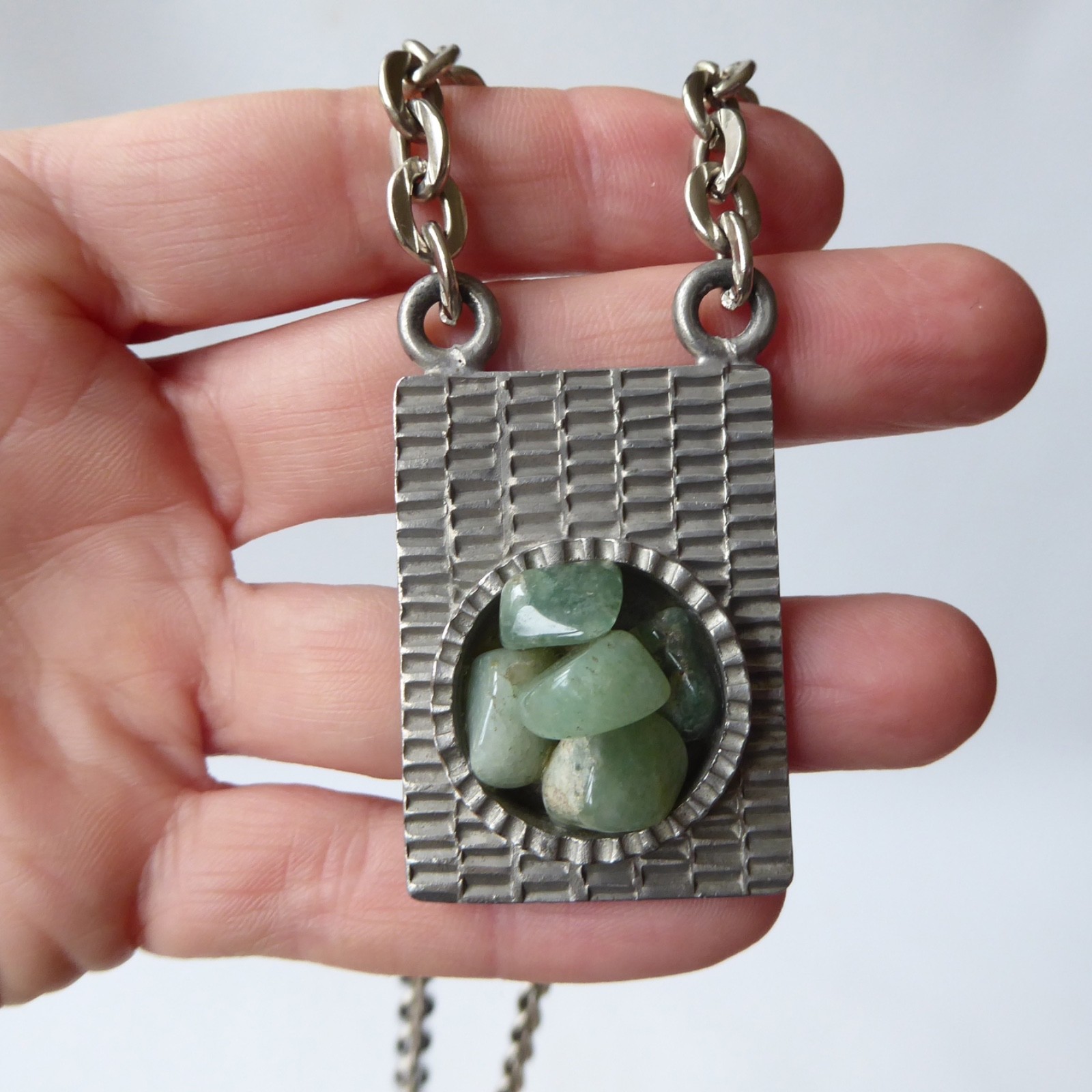 Jorgen Jensen vintage pewter pendant & necklace green gemstone. Brutalist 310B