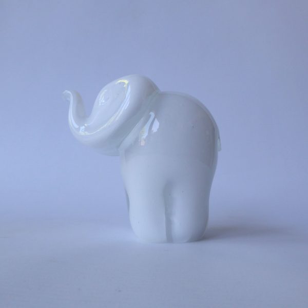 Langham Glass elephant paperweight sculpture, vintage white trunk up figurine - Image 3