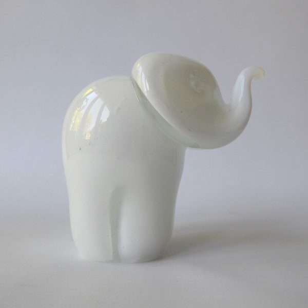 Langham Glass elephant paperweight sculpture, vintage white trunk up figurine - Image 5