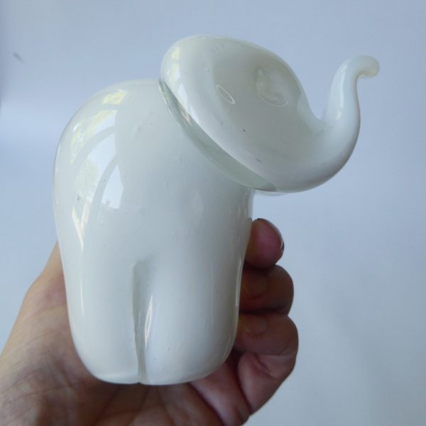 Langham Glass elephant paperweight sculpture, vintage white trunk up figurine - Image 6