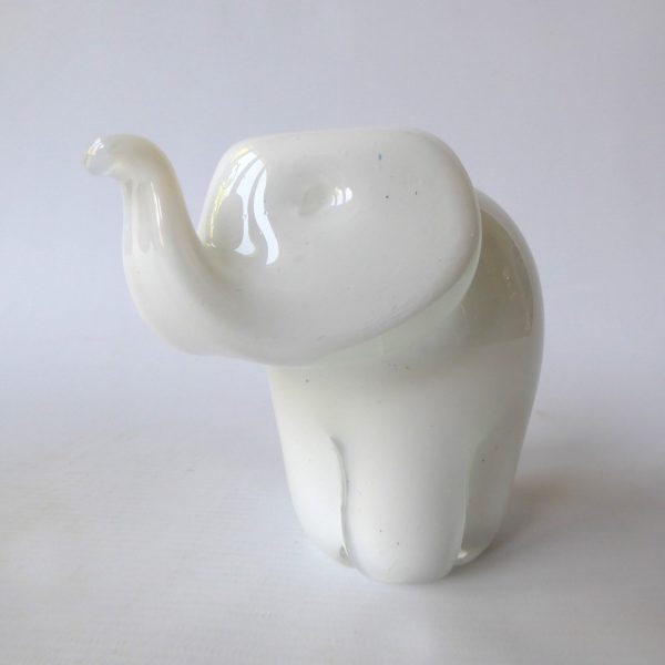 Langham Glass elephant paperweight sculpture, vintage white trunk up figurine
