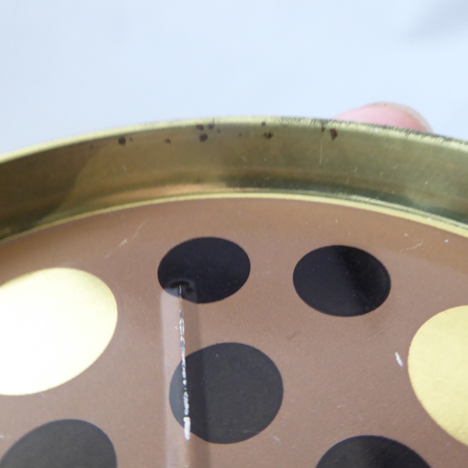 Laurids Lonborg A/S vintage retro tin metal 4" coaster DENMARK. Brown gold spots - Image 13