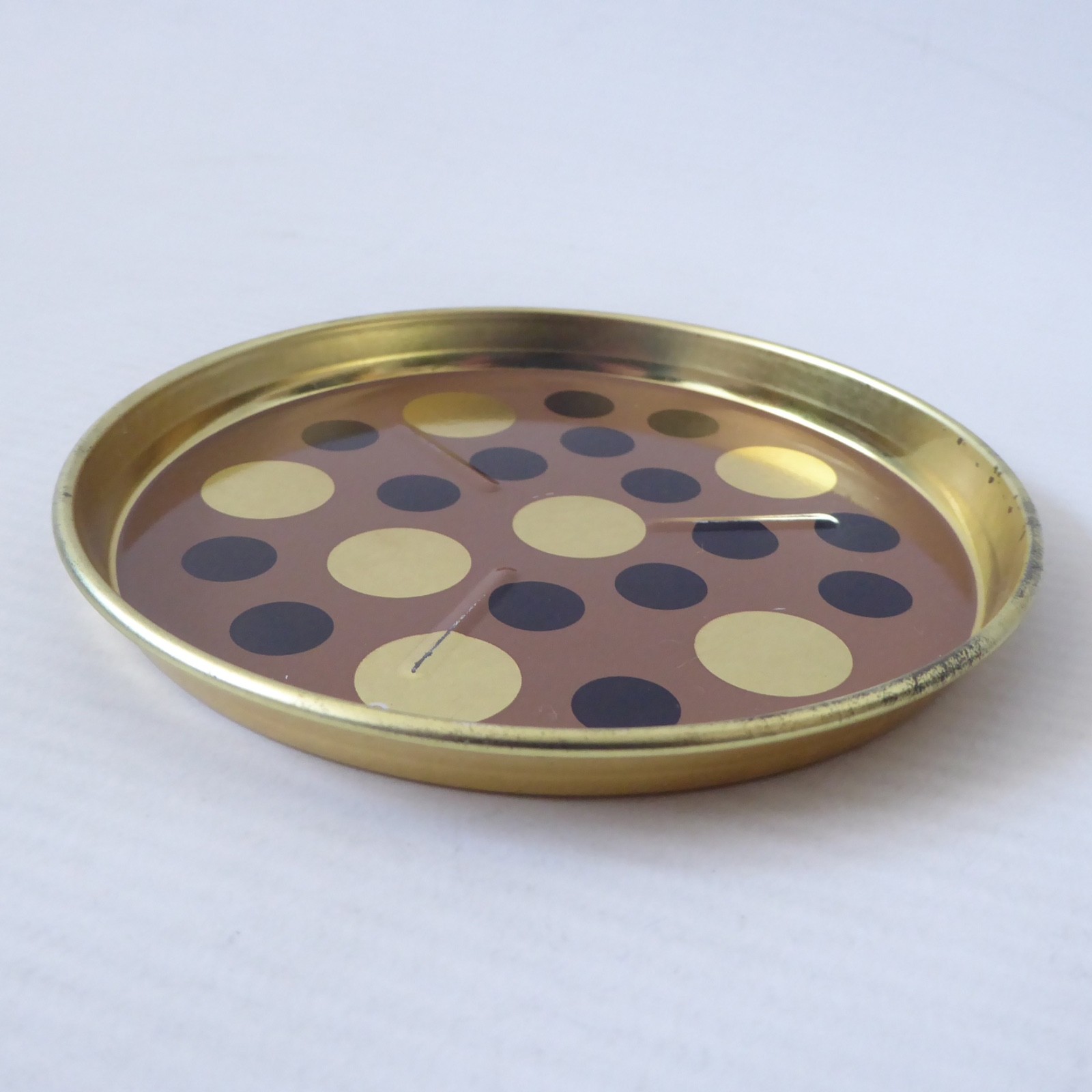 Laurids Lonborg A/S vintage retro tin metal 4" coaster DENMARK. Brown gold spots - Image 5
