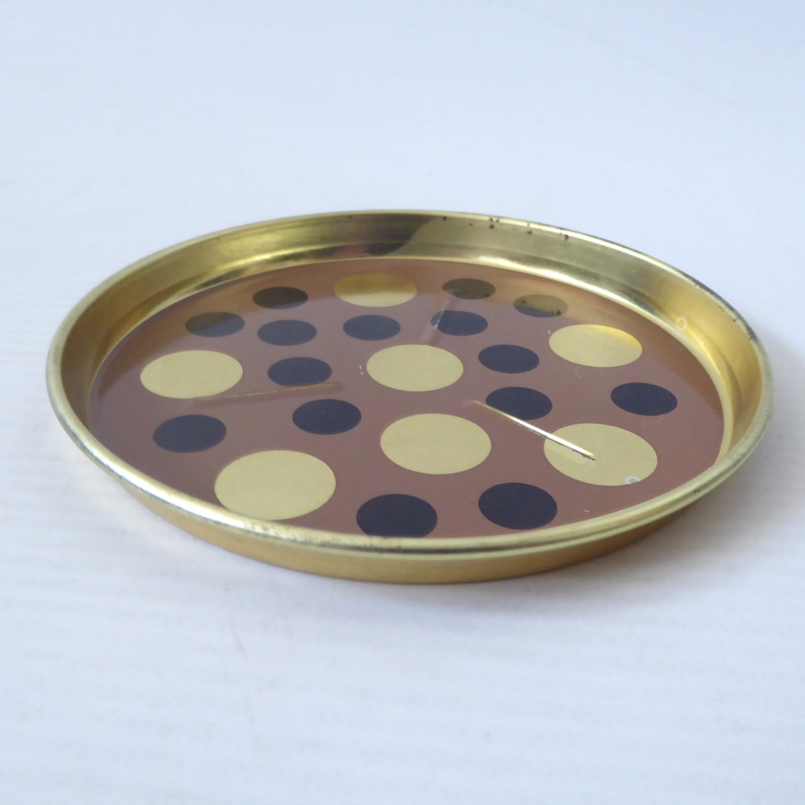 Laurids Lonborg A/S vintage retro tin metal 4" coaster DENMARK. Brown gold spots - Image 7