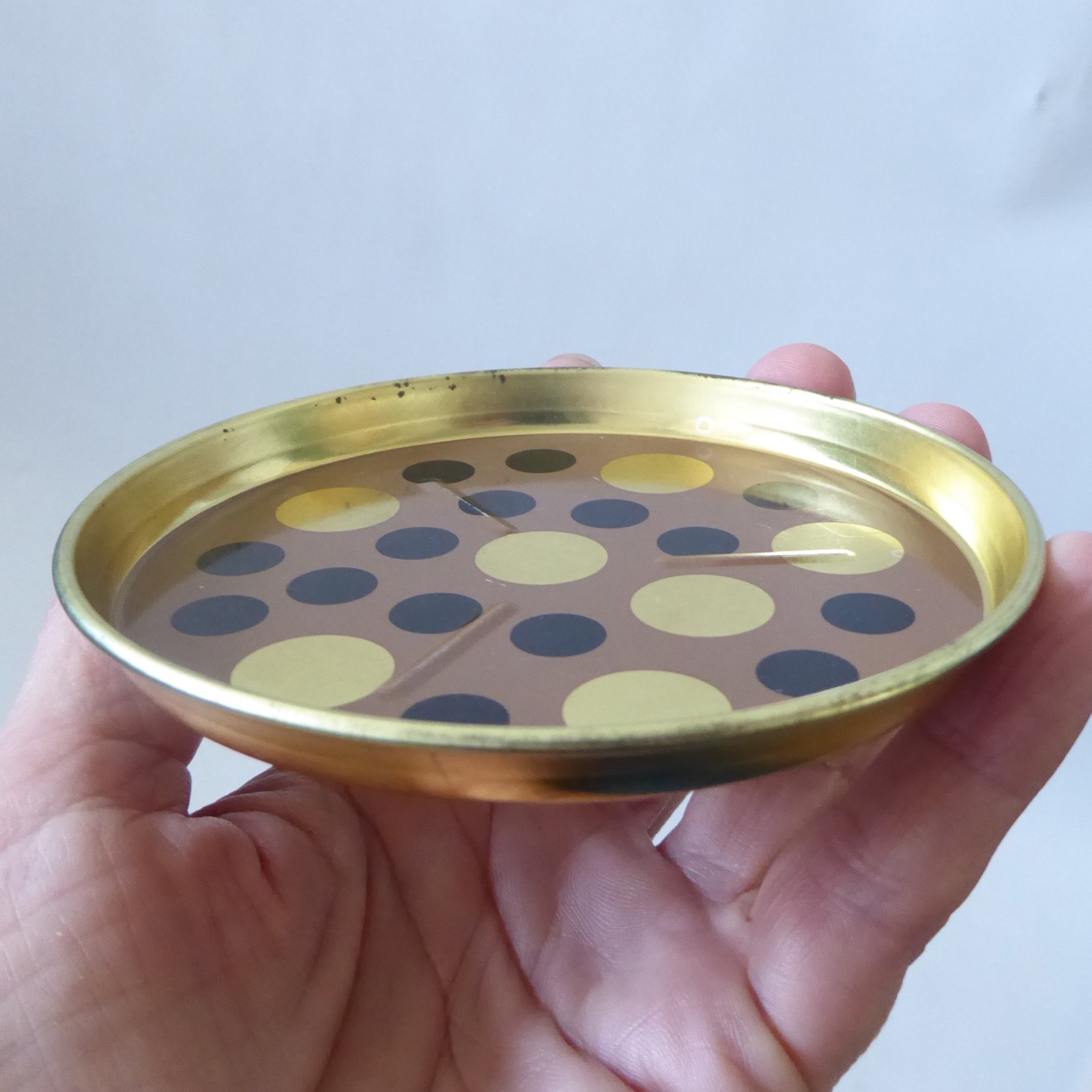 Laurids Lonborg A/S vintage retro tin metal 4" coaster DENMARK. Brown gold spots - Image 8