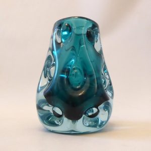 Liskeard teal blue, aqua cased, art glass knobbly dimple vase, Jim Dyer. 1970s
