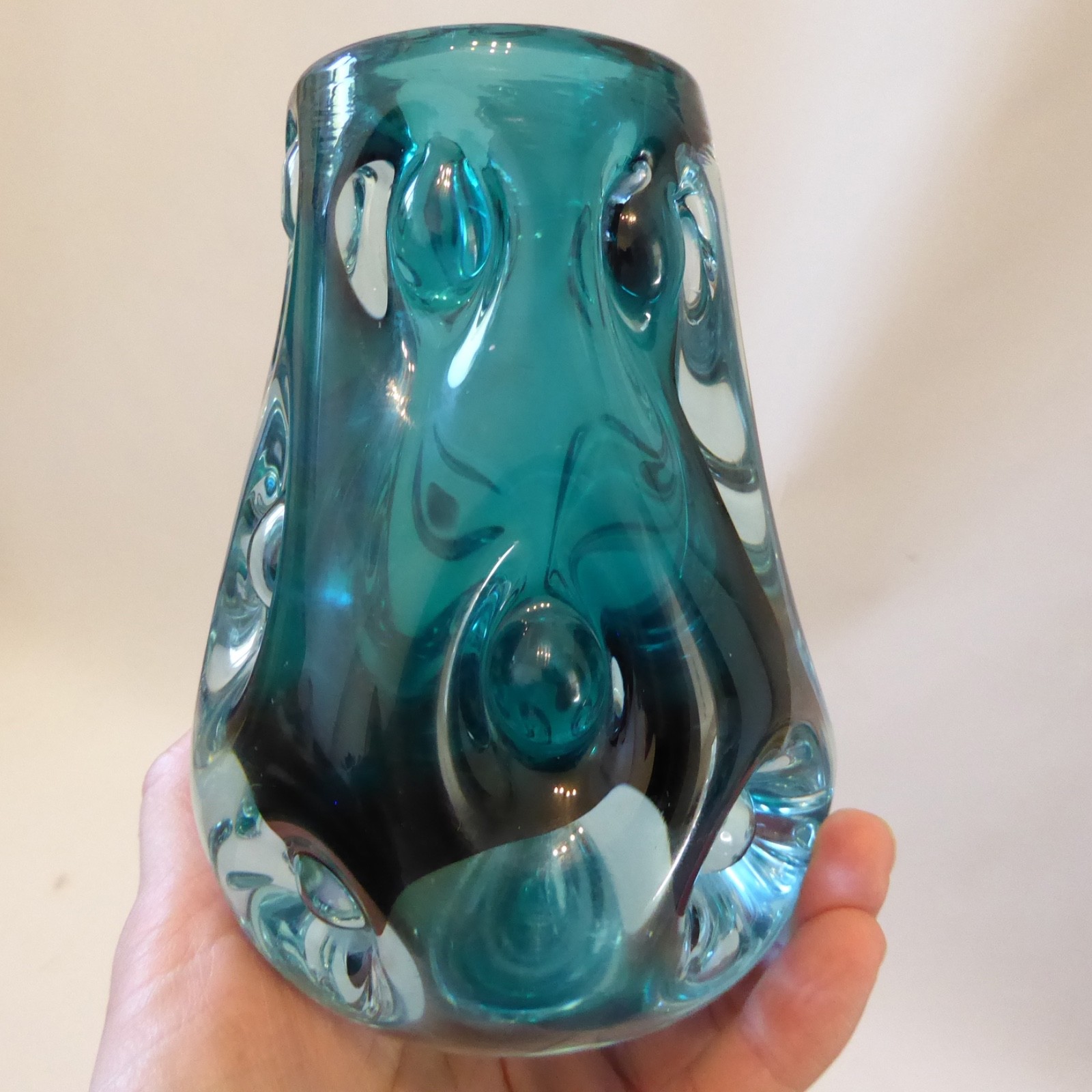 Liskeard teal blue, aqua cased, art glass knobbly dimple vase, Jim Dyer. 1970s - Image 8