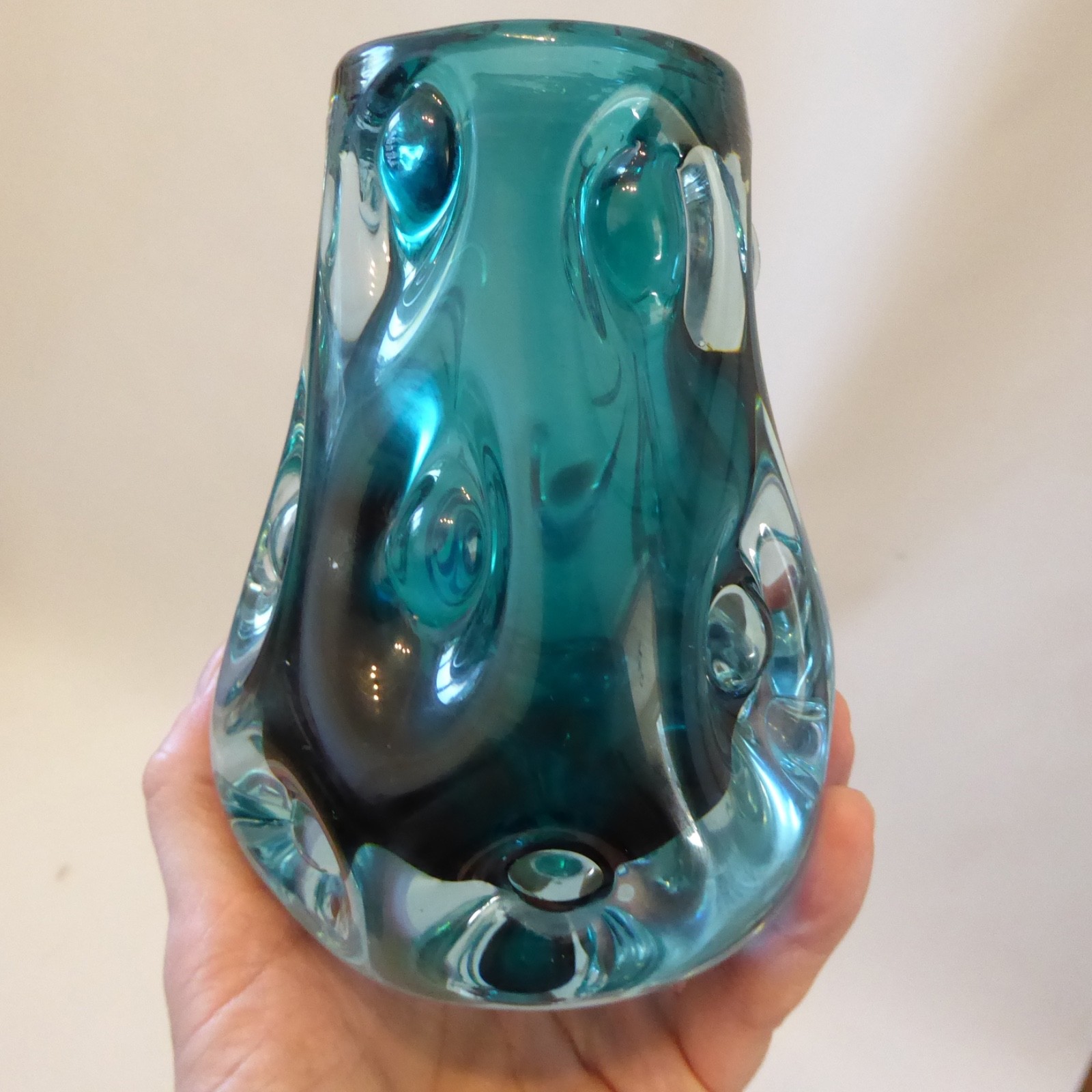 Liskeard teal blue, aqua cased, art glass knobbly dimple vase, Jim Dyer. 1970s - Image 9