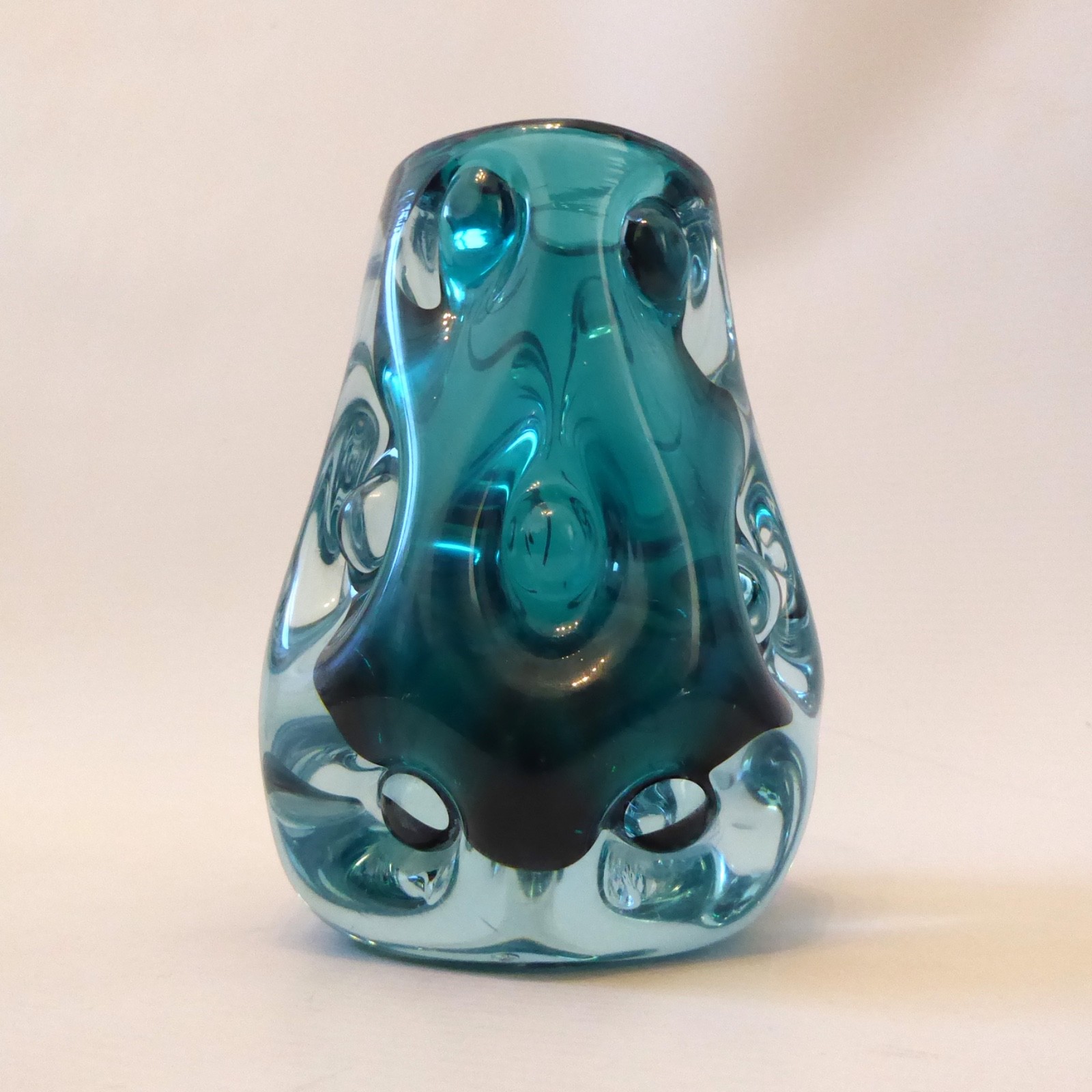 Liskeard teal blue, aqua cased, art glass knobbly dimple vase, Jim Dyer. 1970s