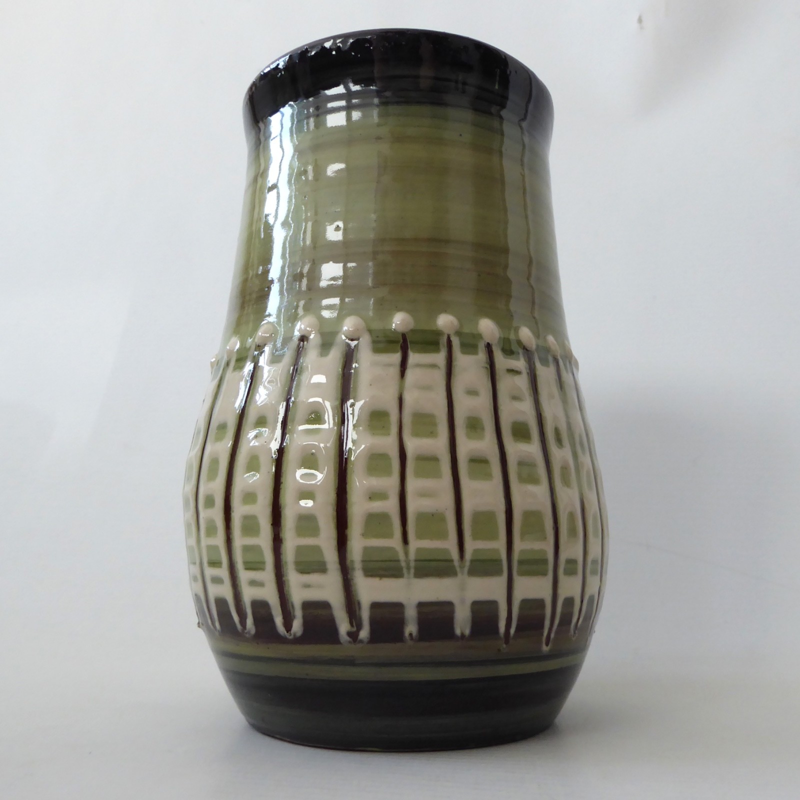 Llangollen Wales studio art pottery vase, olive green + cream stripes. Vintage - Image 2