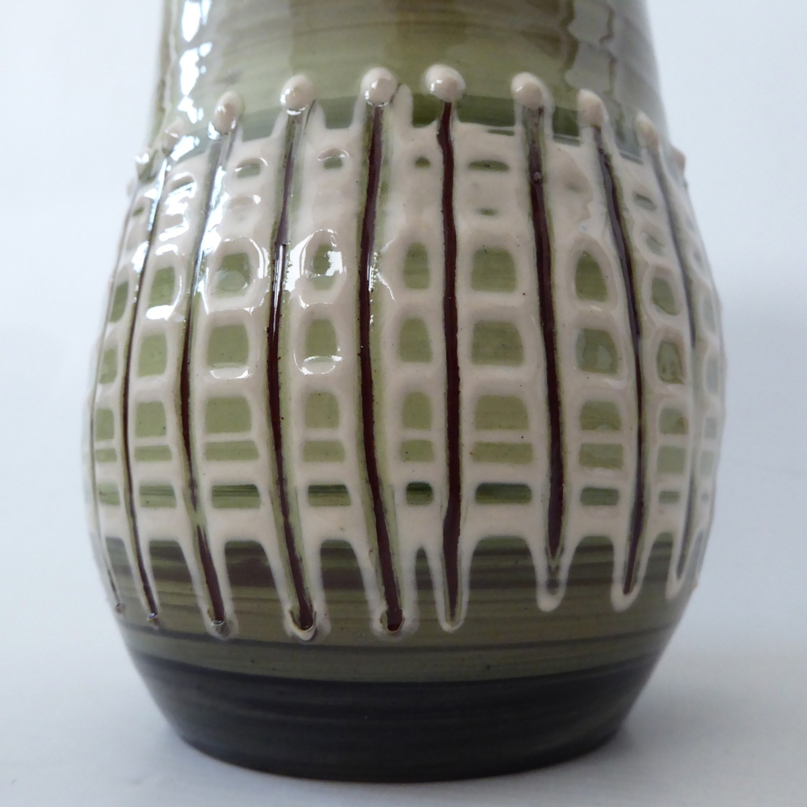 Llangollen Wales studio art pottery vase, olive green + cream stripes. Vintage - Image 3