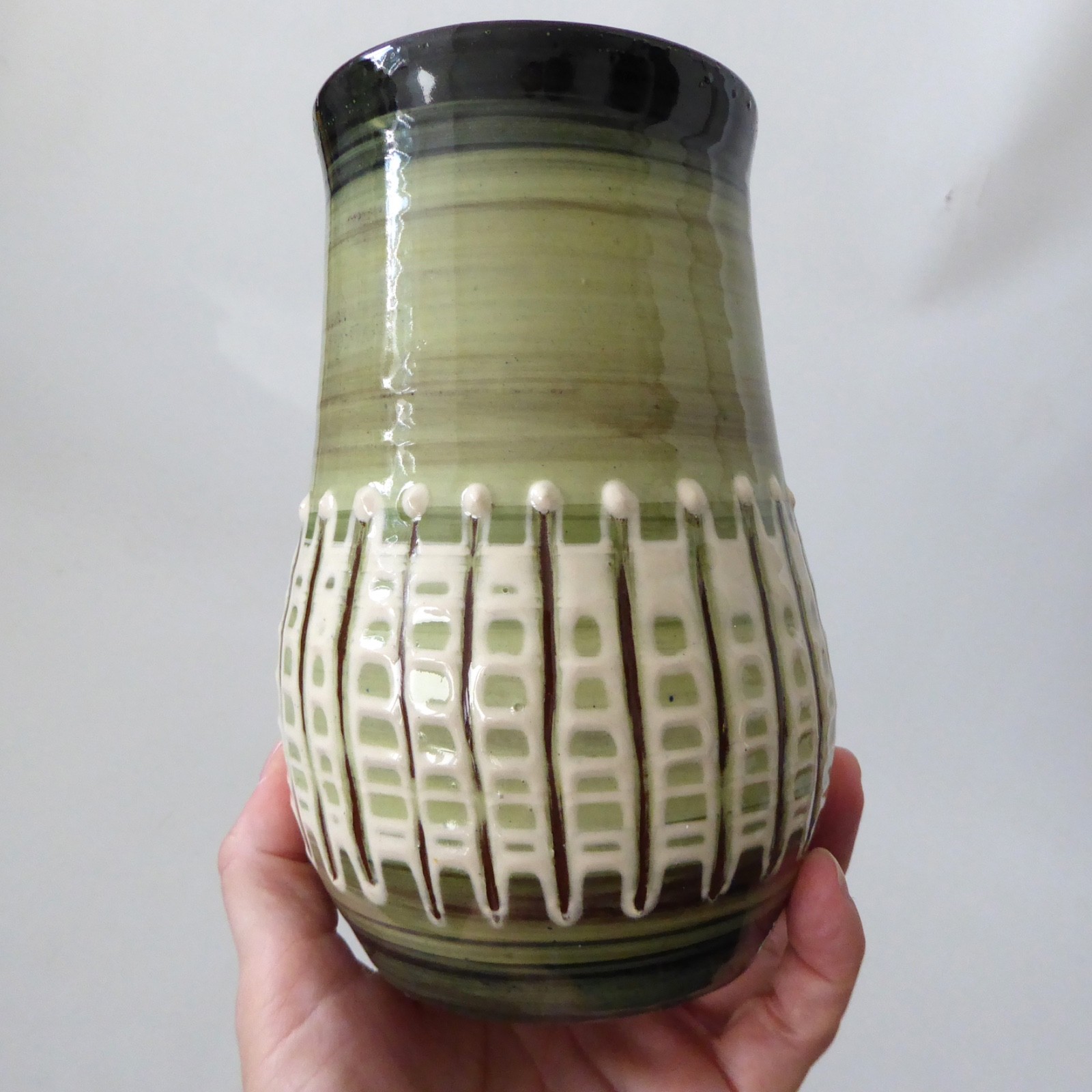 Llangollen Wales studio art pottery vase, olive green + cream stripes. Vintage - Image 4