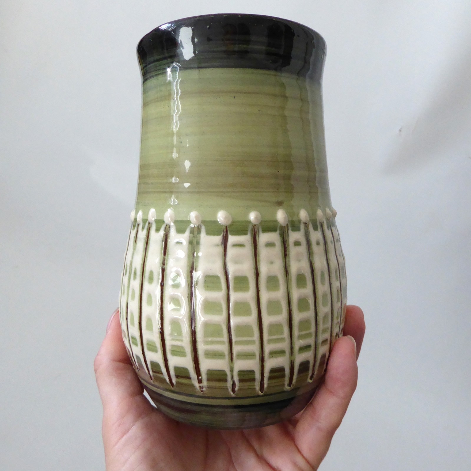 Llangollen Wales studio art pottery vase, olive green + cream stripes. Vintage - Image 5