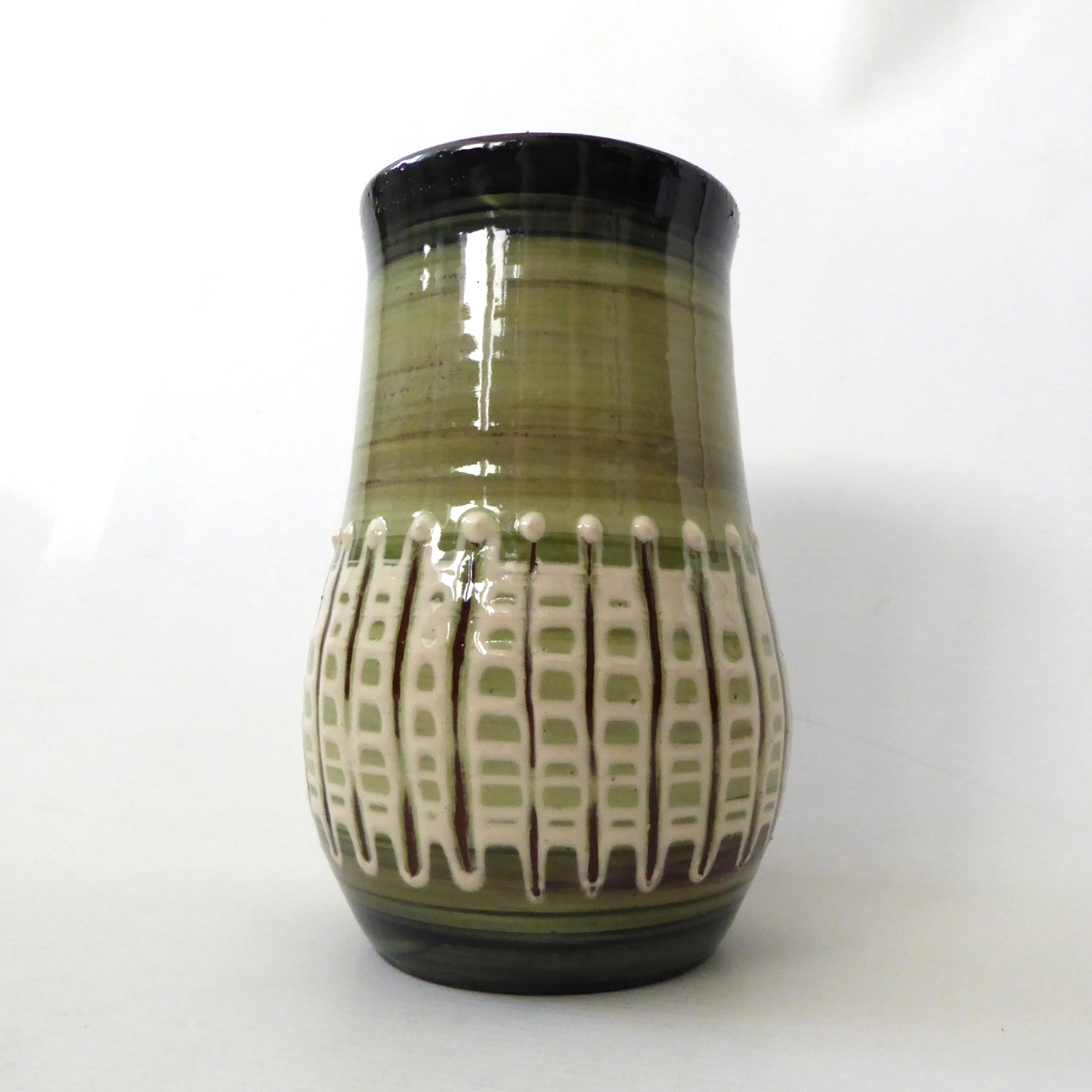 Llangollen Wales studio art pottery vase, olive green + cream stripes. Vintage