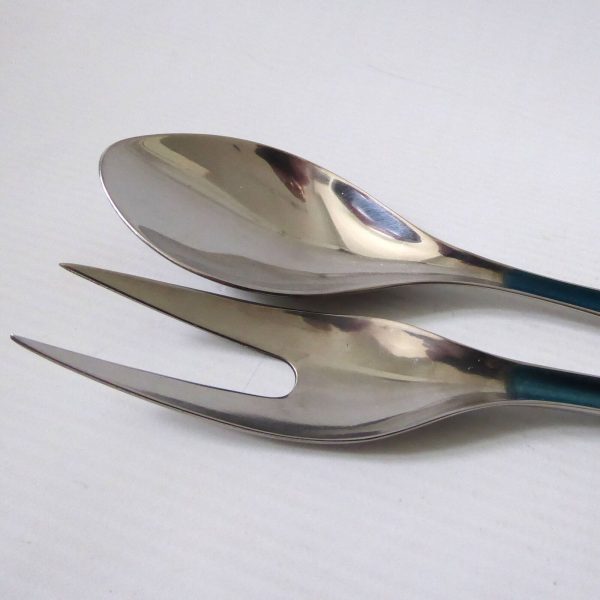 Mid century Cathrineholm Norway Cathedral salad servers. Serving spoon fork teal - Image 3