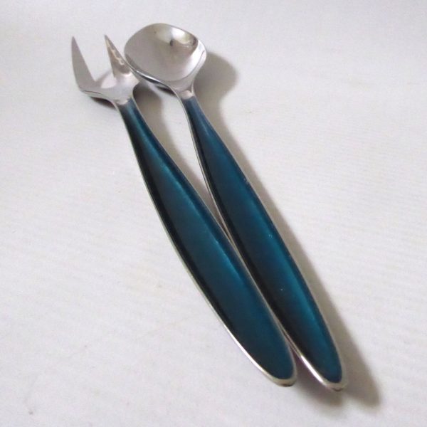 Mid century Cathrineholm Norway Cathedral salad servers. Serving spoon fork teal - Image 7