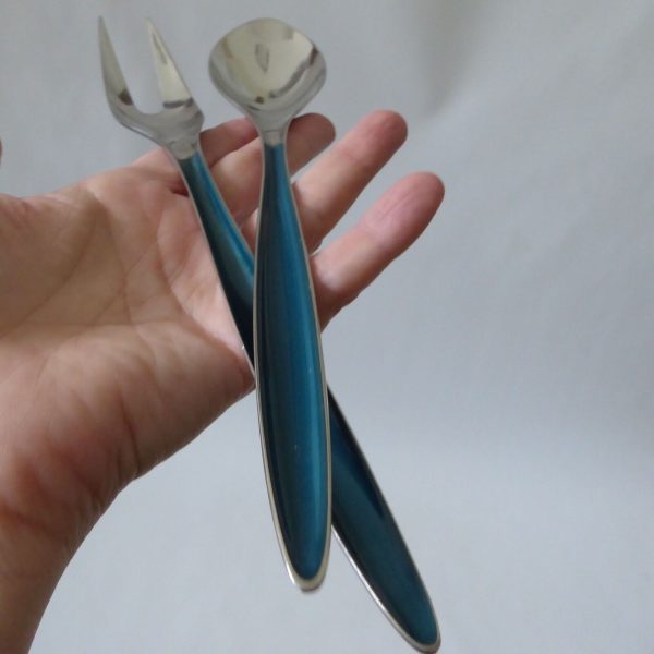 Mid century Cathrineholm Norway Cathedral salad servers. Serving spoon fork teal - Image 8