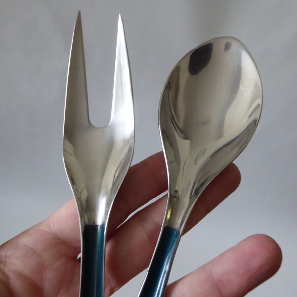 Mid century Cathrineholm Norway Cathedral salad servers. Serving spoon fork teal - Image 9