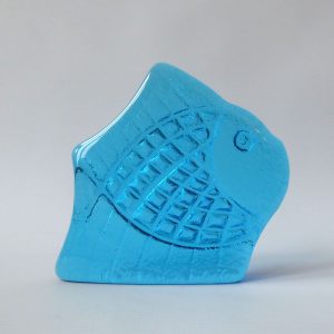 Modernist abstract fish art glass paperweight, flat back. Turquoise blue vintage