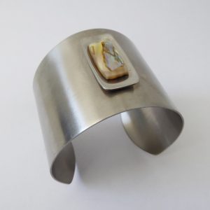 Modernist stainless steel & abalone vintage wide cuff bracelet bangle, retro 70s