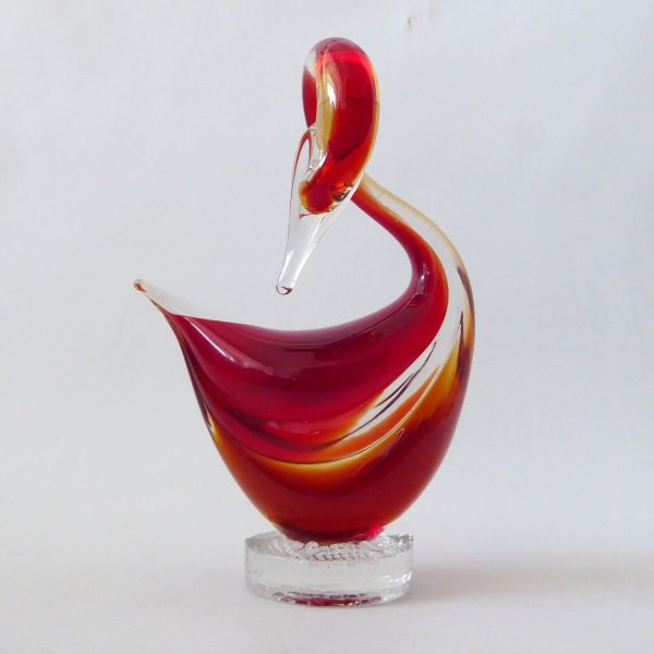 Murano art glass duck figurine, red & amber sommerso cased. Vintage Italian bird
