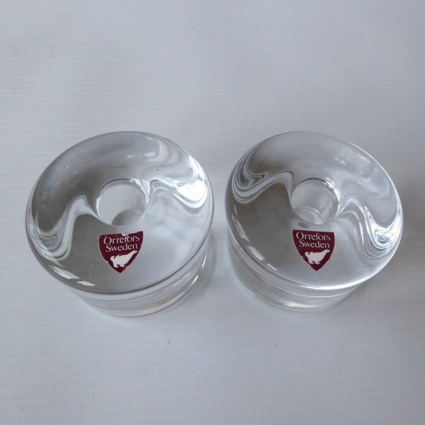 Orrefors pair vintage art glass candle holders, small taper candles, Swedish 70s