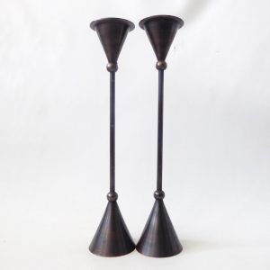 Pair candlesticks, post modernist Memphis 1980s style, blackened brass 30cm tall