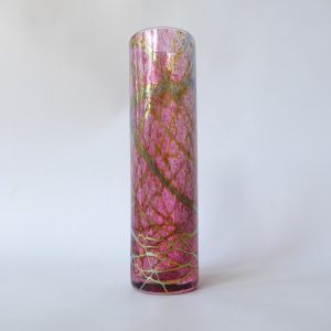 Pink enamel speckled gold trailed art glass cylinder vase. Studio glass 21cm