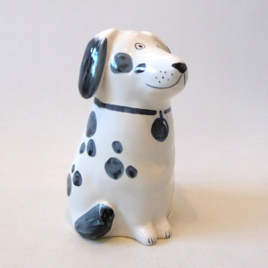 Rye Pottery signed black & white spotty seated dog + dog tag. Sussex England