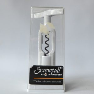 Screwpull by Le Creuset, vintage corkscrew. White manual screw, on stand in case