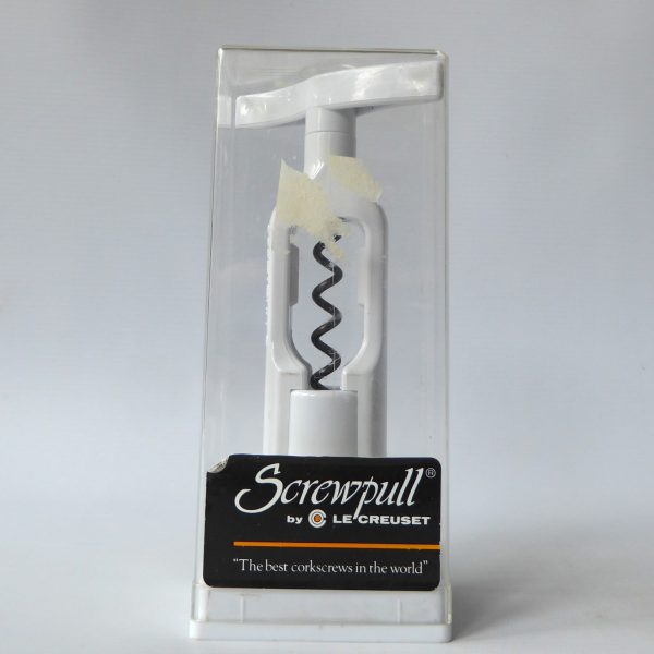 Screwpull by Le Creuset, vintage corkscrew. White manual screw, on stand in case