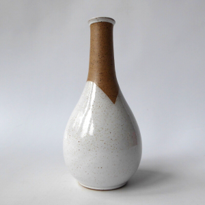 Signed vintage studio pottery bud stem vase, handmade thrown stoneware, white 7"