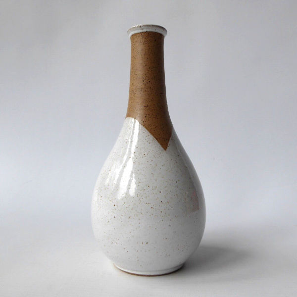 Signed vintage studio pottery bud stem vase, handmade thrown stoneware, white 7"