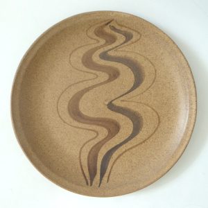 Studio Pottery round dish 10" plate, vintage stoneware, painted squiggles. Retro