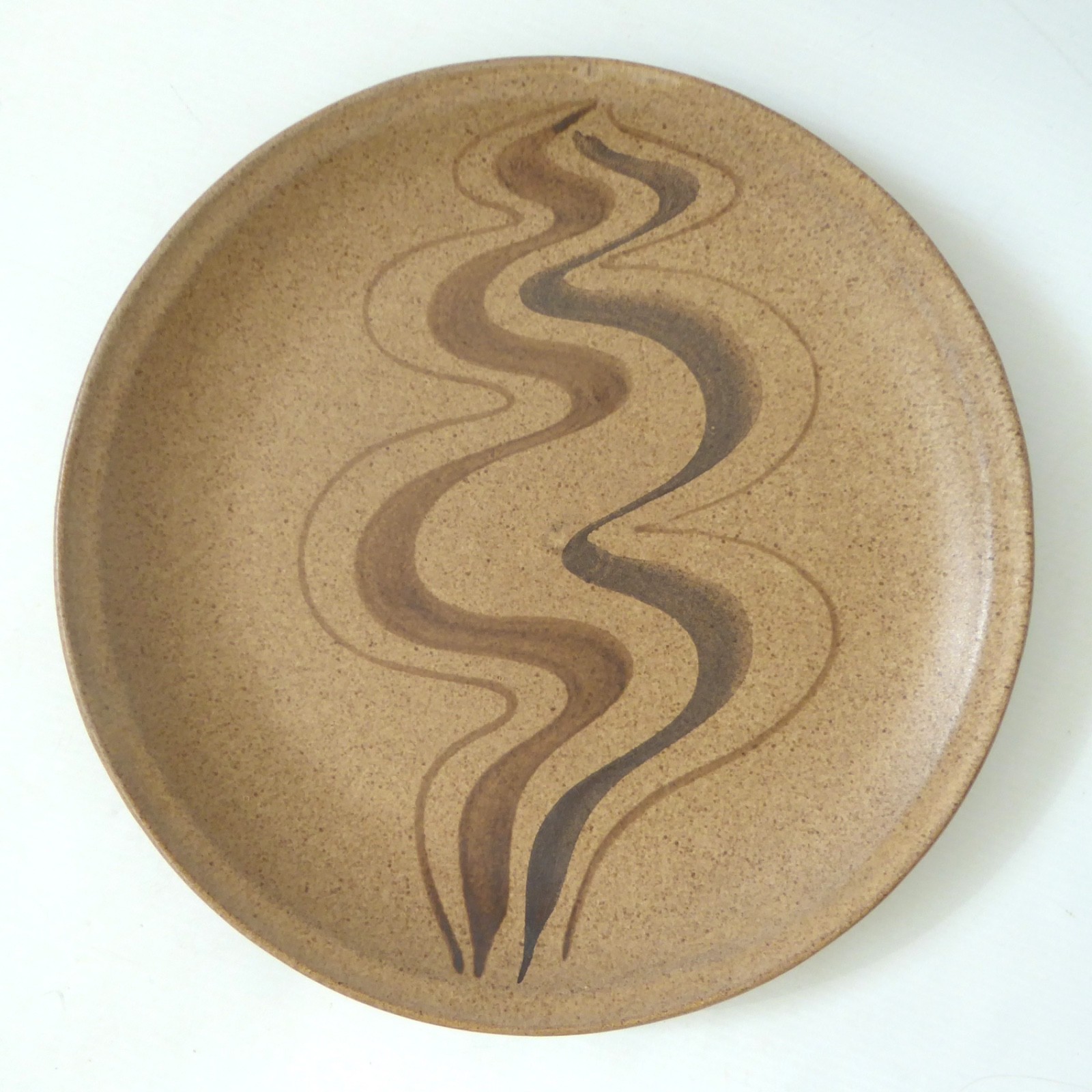 Studio Pottery round dish 10" plate, vintage stoneware, painted squiggles. Retro