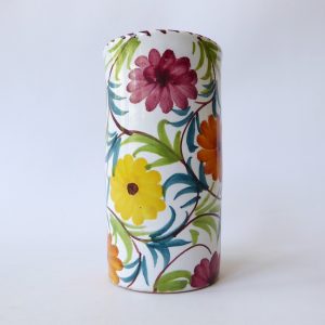 Vintage Italian pottery ceramic vase, green orange flowers leaves. Signed Italy.