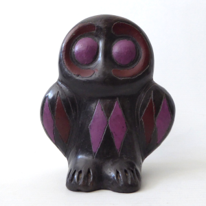 Vintage Mexican 5" black & purple owl, handmade ceramic/carved stone folk figure