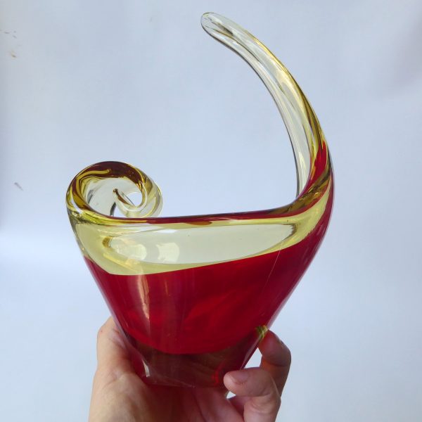 Vintage Murano art glass scoop bowl. Red amber cased dish, 1960s 1970s MCM retro - Image 11