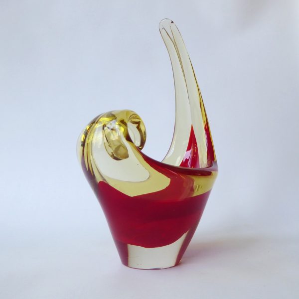 Vintage Murano art glass scoop bowl. Red amber cased dish, 1960s 1970s MCM retro - Image 4