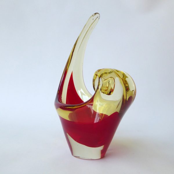 Vintage Murano art glass scoop bowl. Red amber cased dish, 1960s 1970s MCM retro - Image 5