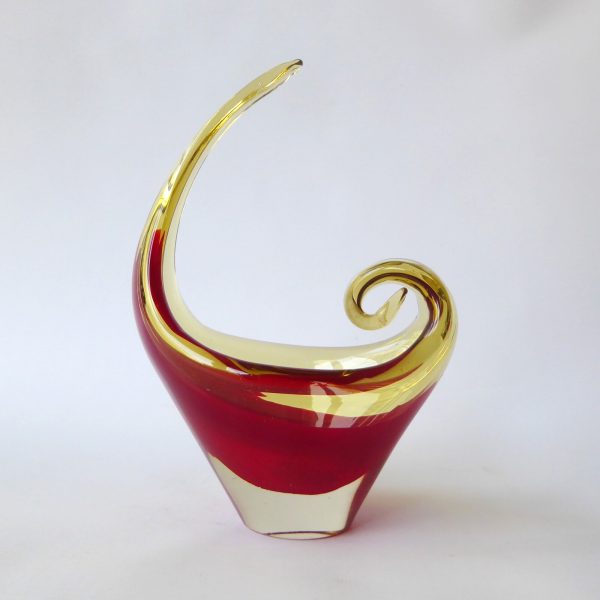 Vintage Murano art glass scoop bowl. Red amber cased dish, 1960s 1970s MCM retro - Image 6