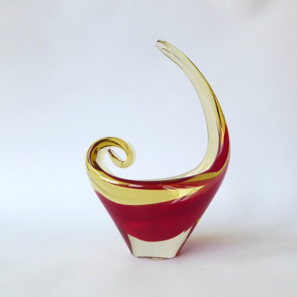 Vintage Murano art glass scoop bowl. Red amber cased dish, 1960s 1970s MCM retro