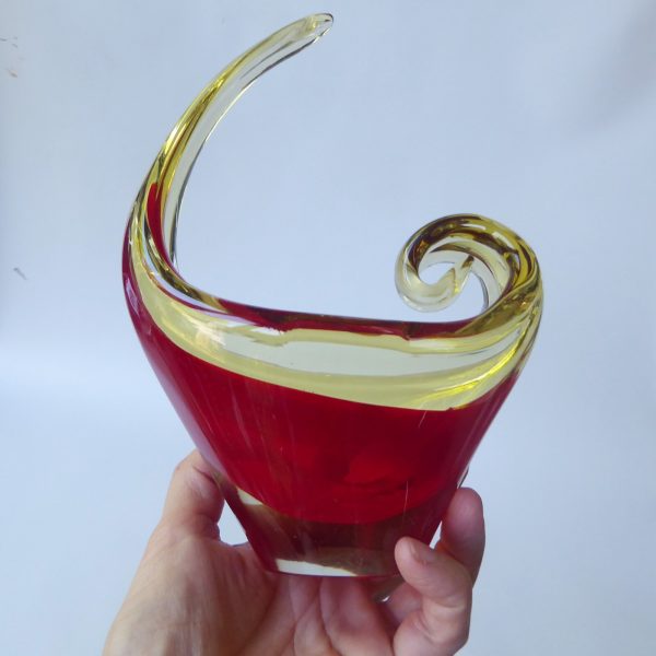 Vintage Murano art glass scoop bowl. Red amber cased dish, 1960s 1970s MCM retro - Image 9