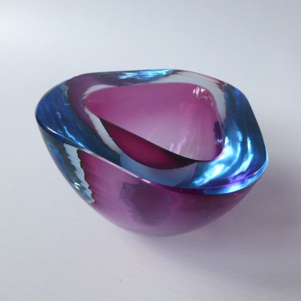 Vintage art glass Murano geode bowl, triangular pink, cased blue. Ashtray dish