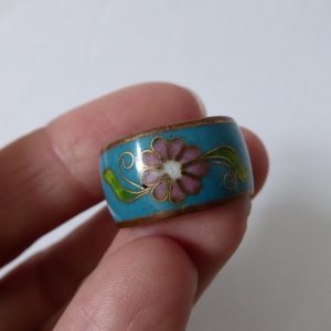 Vintage blue Cloisonne enamel & copper ring, flowers and butterflies Size O band