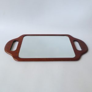 Vintage oak two-handed TJ Lawrence barber mirror, wooden bevelled hairdressers