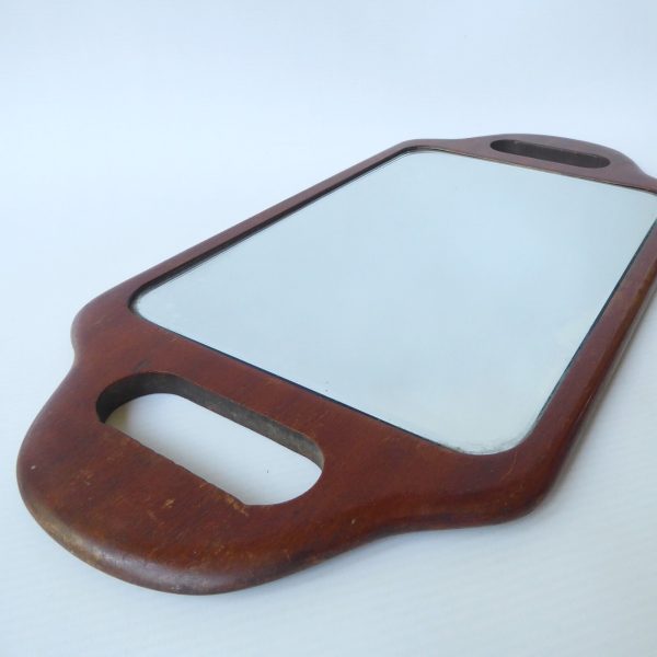Vintage oak two-handed TJ Lawrence barber mirror, wooden bevelled hairdressers - Image 5