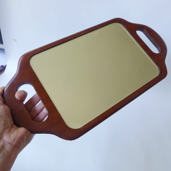 Vintage oak two-handed TJ Lawrence barber mirror, wooden bevelled hairdressers - Image 7