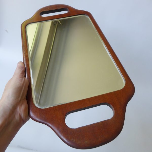 Vintage oak two-handed TJ Lawrence barber mirror, wooden bevelled hairdressers - Image 8